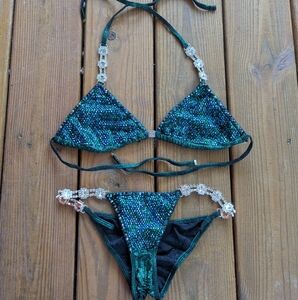 Custom Angel Competition Bodybuilding Bikini NPC/IFBB Peacock Blue Green Crystal